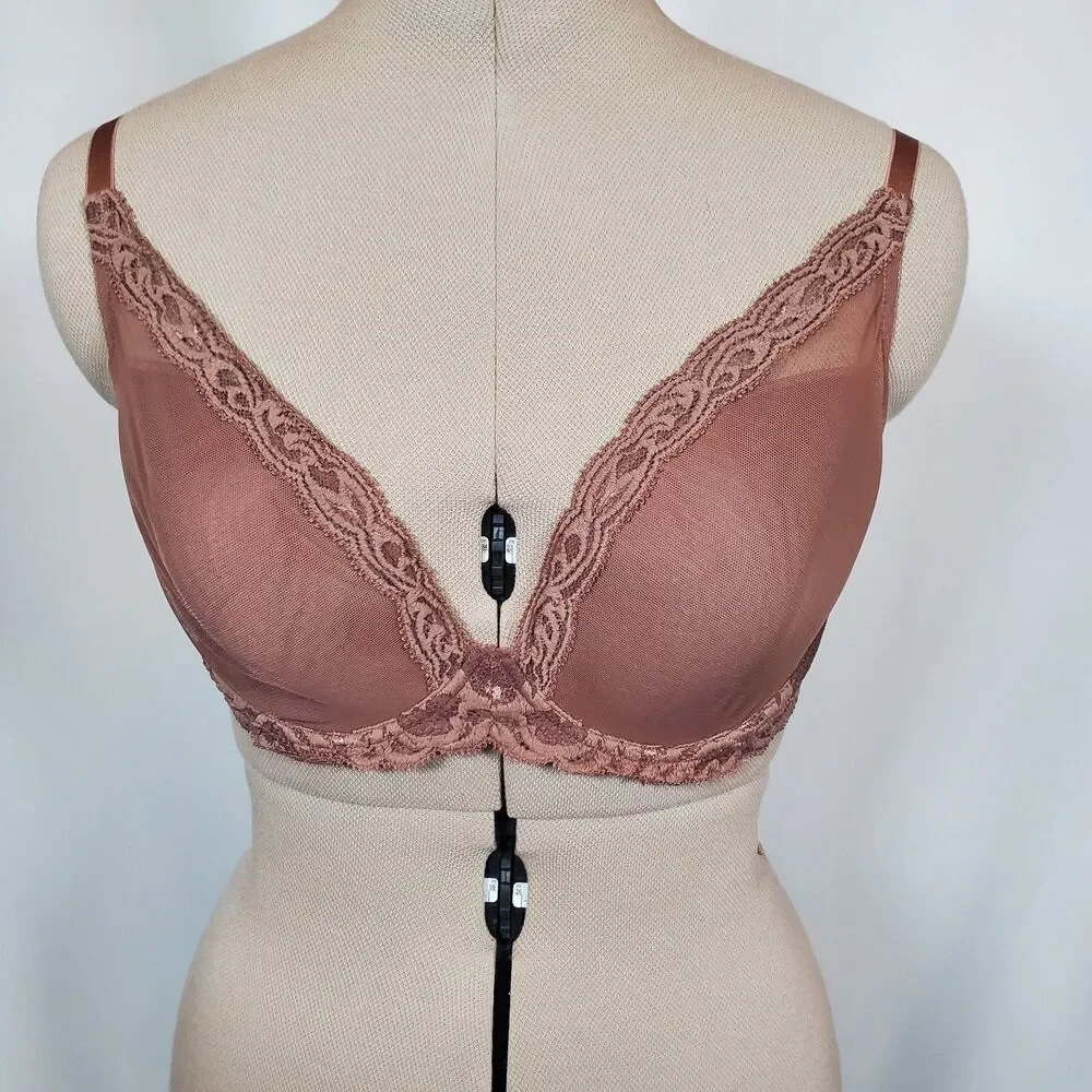 Natori Women’s Feathers Plunge Bra 34DD Mauve Brown Lace Underwire Light Padding - Picture 2 of 7